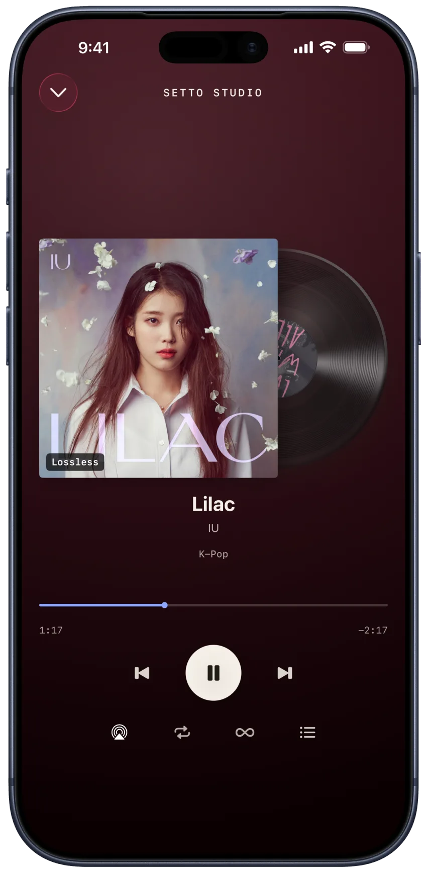 Lilac by IU playing full screen in Setto Studio on iPhone